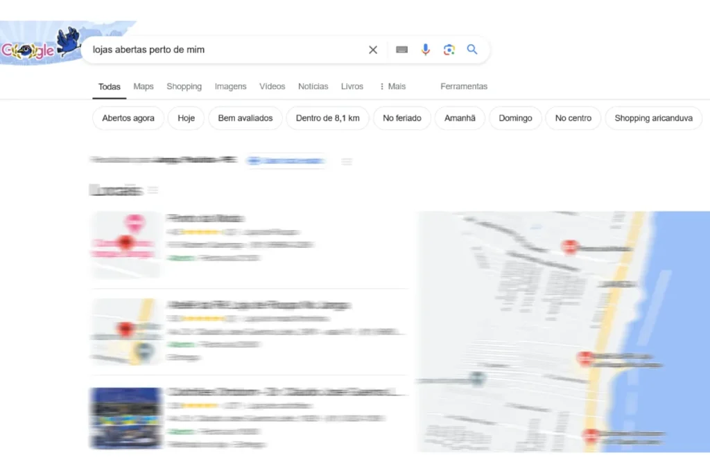 Print do Google mostrando resultado de pesquisa para "lojas abertas perto de mim".