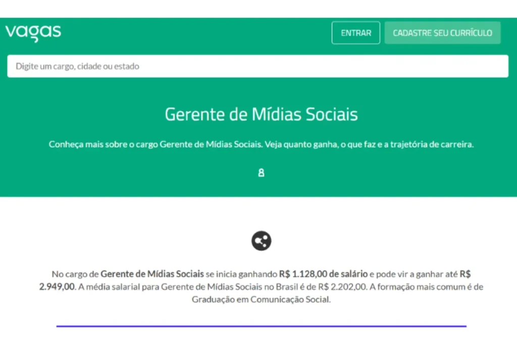 Print de média salarial de um gerente de mídias sociais, uma das profissões em alta no mercado.