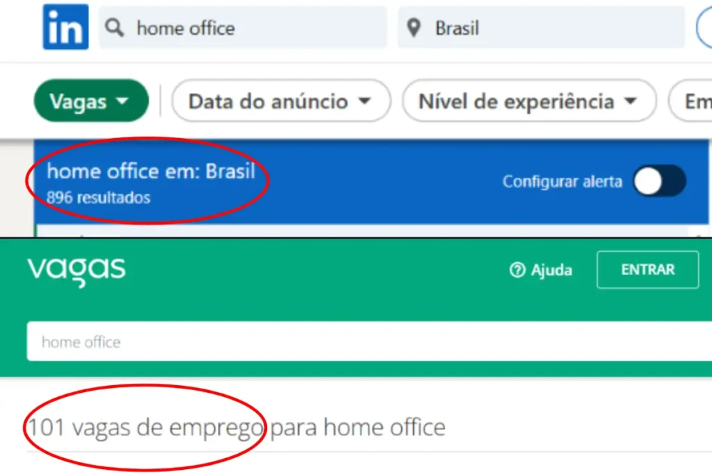 Print de vagas para trabalho home office no LinkedIn e Vagas.