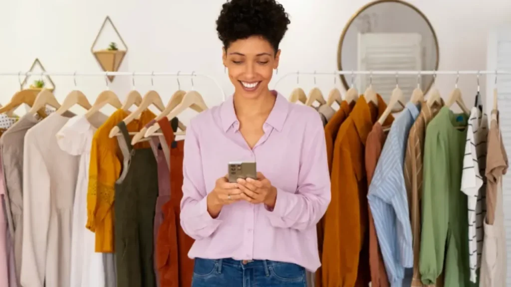 Mulher ilustrando como ganhar dinheiro rápido vendendo itens usados como roupas